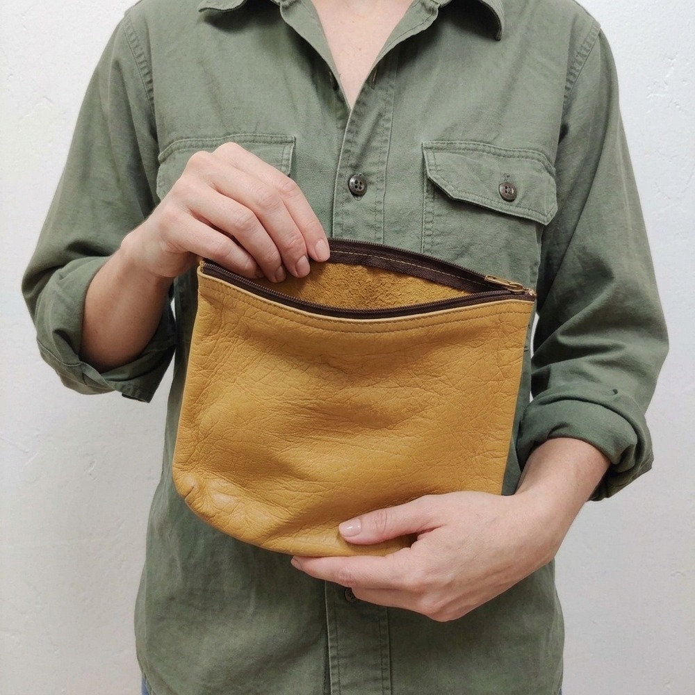 Vintage 80s LL Bean Unisex Pouch OS Yellow Leather Zippered Embossed Gorpcore